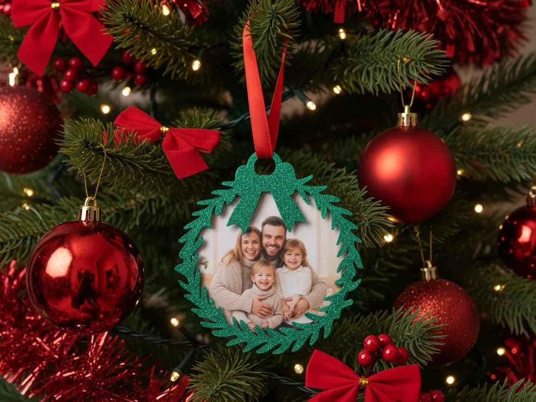 Christmas Photo Frame Ornament for Tree, Wreath Shape Snap-Fit Decoration