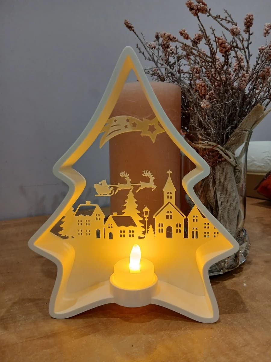 LED Christmas Tree Decoration with Winter Village & Santa Scene for Shelf Desk